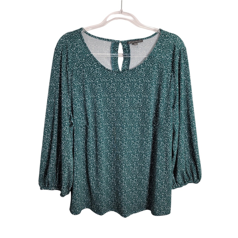 Adrianna Papell Womens XXL Blouse Green Animal Print Balloon Sleeve Keyhole Back